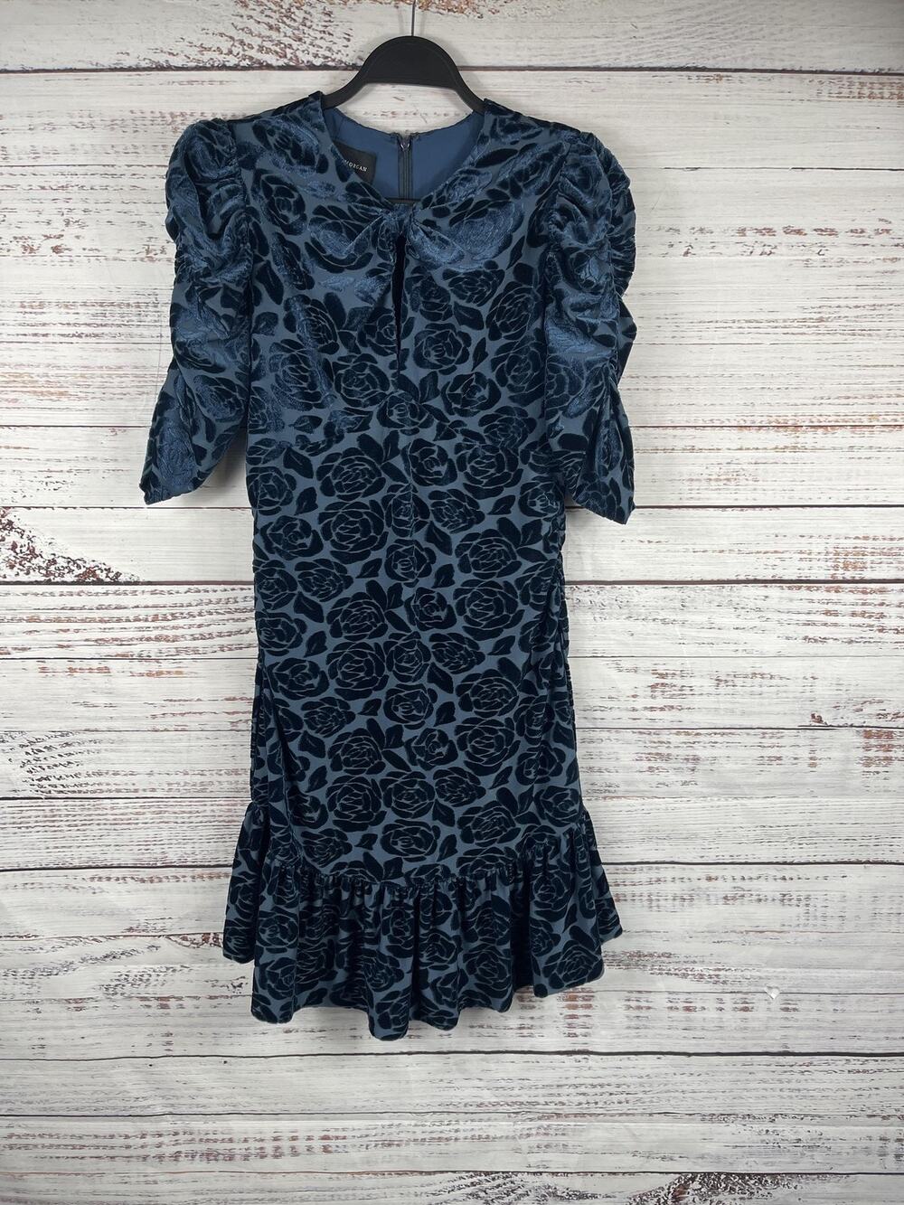 Donna Morgan Dress Women's Size 6 Blue Floral Velvet Puff Sleeve Ruffle Hem Midi